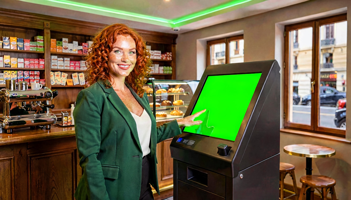 Postazione self in un bar-tabaccheria, con una promoter sorridente pronta ad assistere i clienti